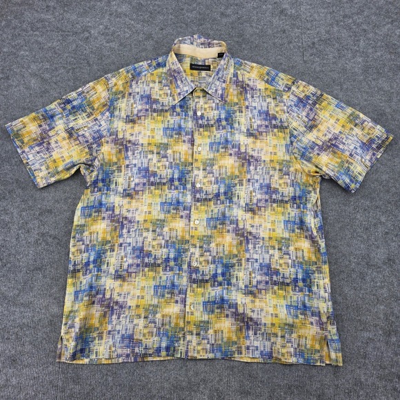 Jhane Barnes Other - Jhane Barnes Mens XL Silk Short Sleeve Button Down Shirt Abstract Grid Blue Gold